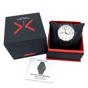 Konxido Men’s 50mm Stainless Steel Quartz Watch Black Leather Band New